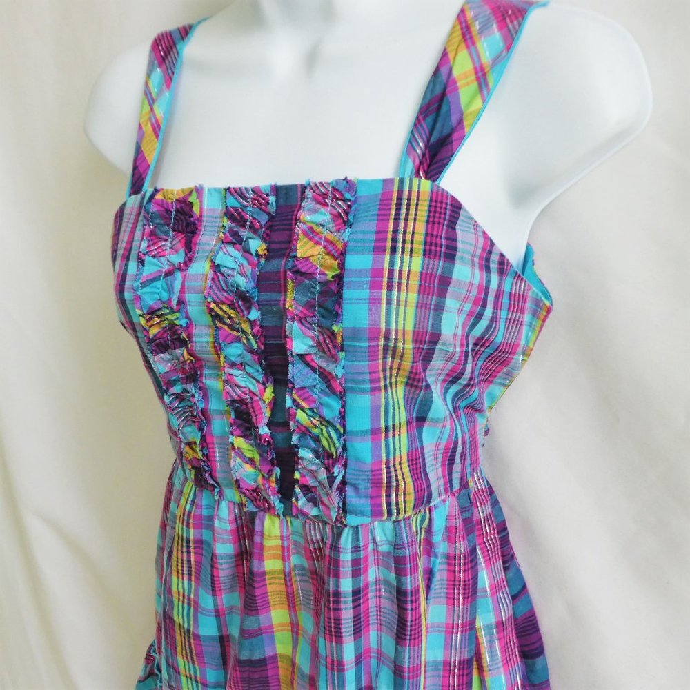 Vintage Girls Dress Plaid Ruffle Lurex Button Back Attached Tie Belt Fit Flare - Picture 3 of 10